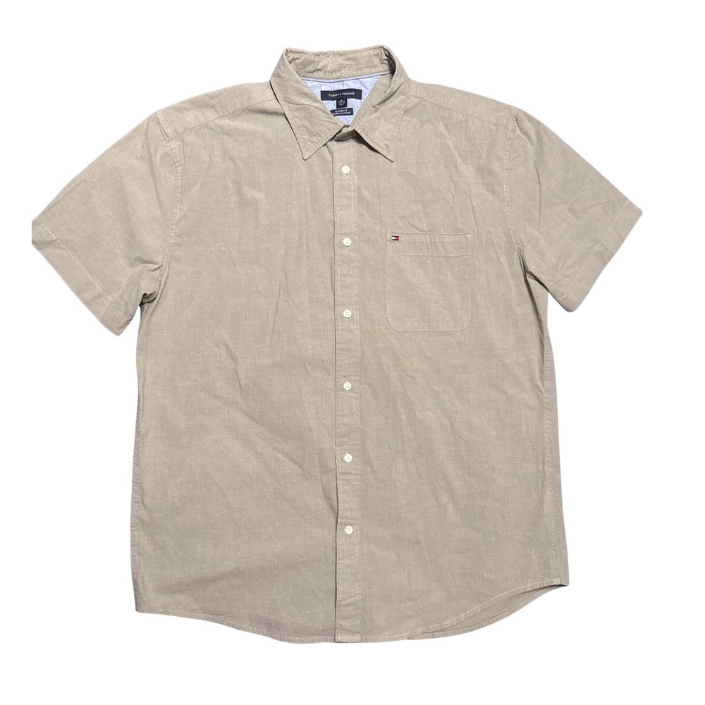 Tommy Hilfiger Mens XL Khaki Sage Linen Cotton Short Sleeve Button Down Shirt